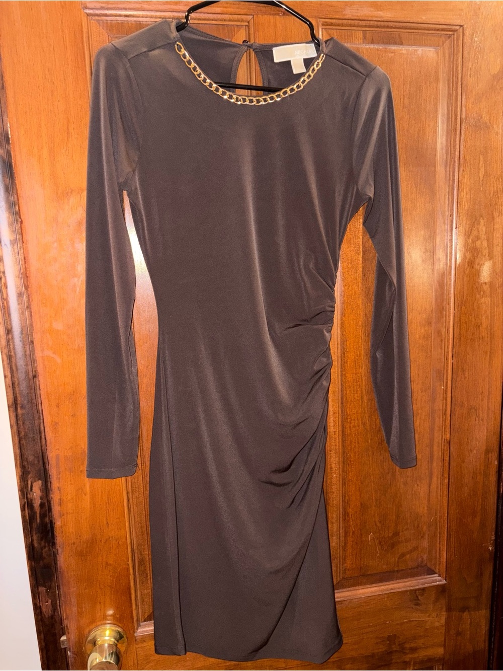 MICHAEL Michael Kors Chain-Neck Long Sleeve Brown Dress